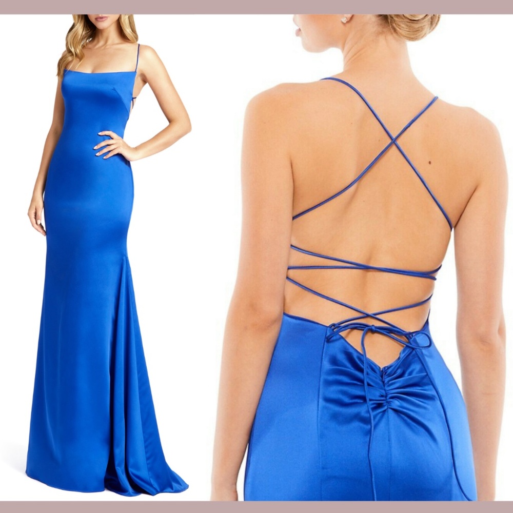 NWD‎ $338 IEENA for Mac Duggal [ 6 ] Strappy Satin Column Gown in Blue